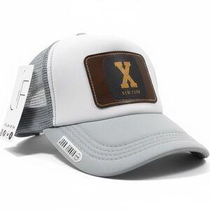 Gray and White Trucker Hat with Brown Patch